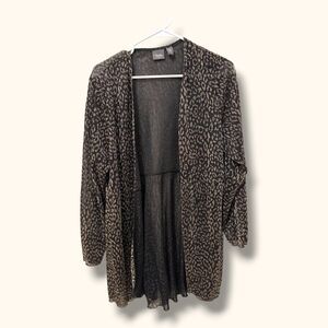 Chicos Travelers Cardigan Womens 2 Black Gold Leopard Metallic Open Front Sheer